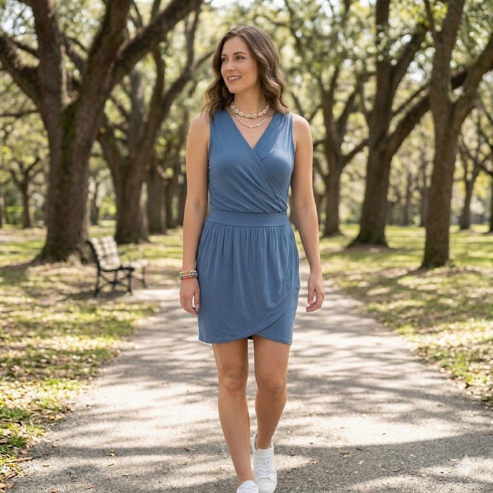Soprano Faux Wrap‎ Dress Womens Blue Size Small Sleeveless V-Neck Jersey Knit